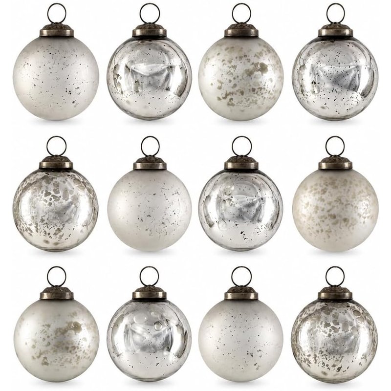 White and silver mercury glass ornaments, 12 pack