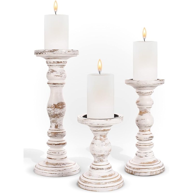 Rustic white wooden pillar candle holders, set of 3