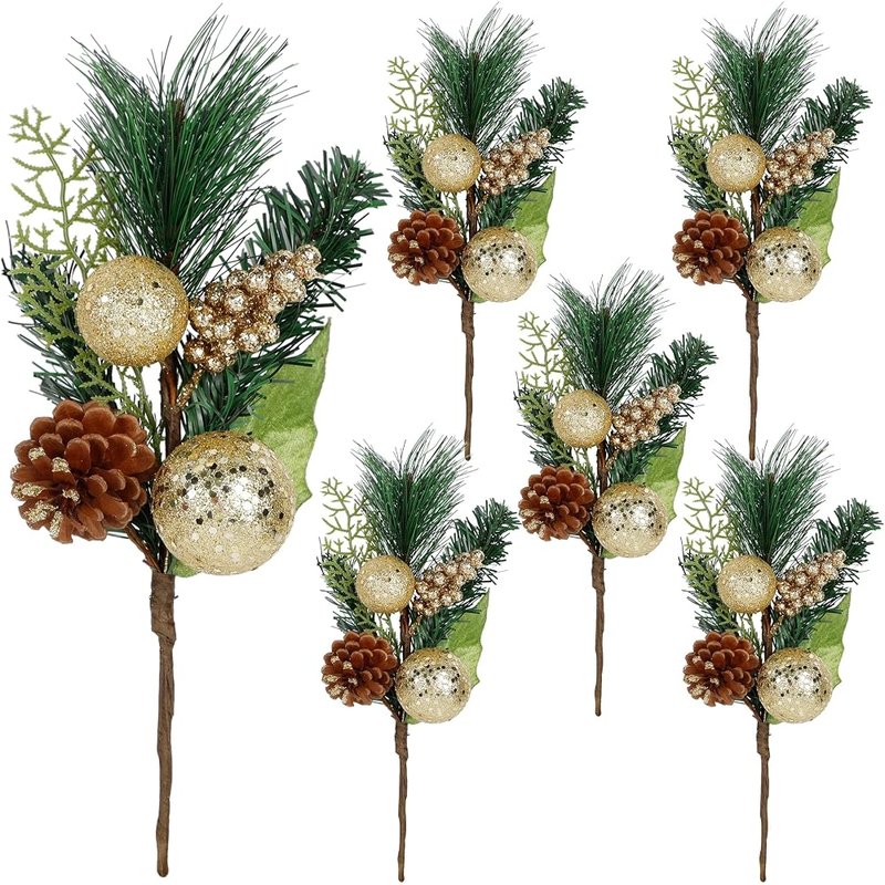 Gold and green picks with pinecones, 6 pack