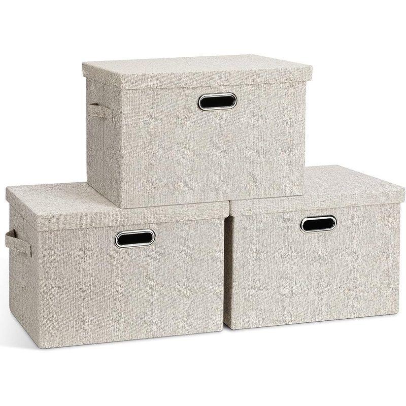 Beige linen storage bins with lids, 3 pack
