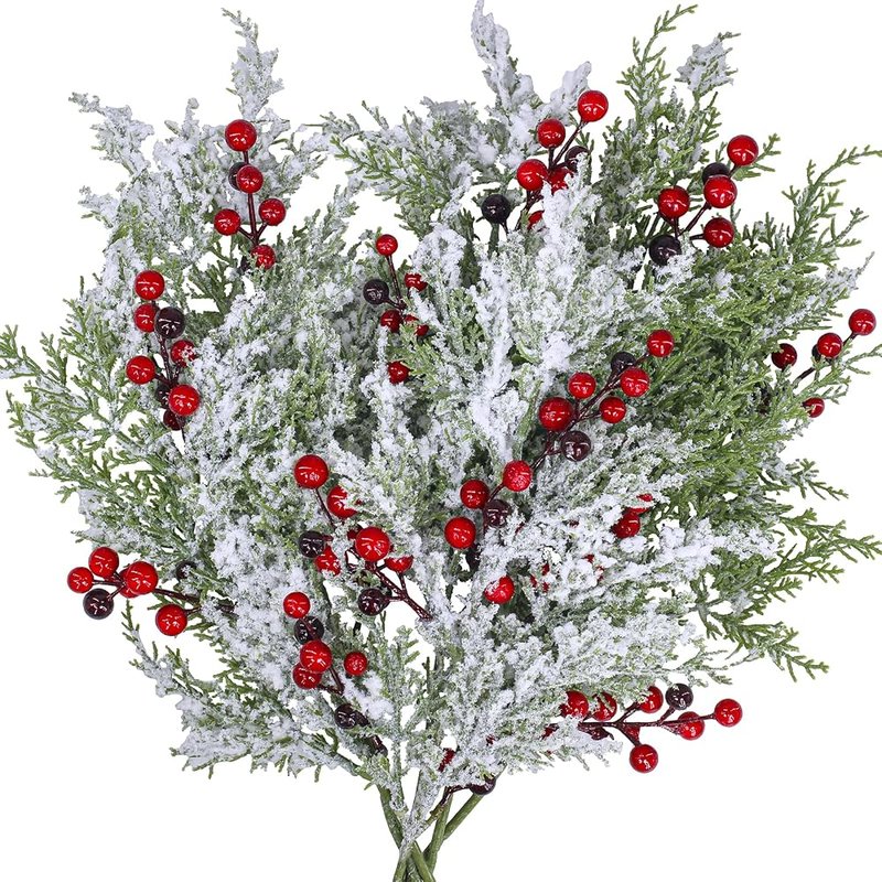 Winlyn snowy cedar picks with red berries, 6 pieces