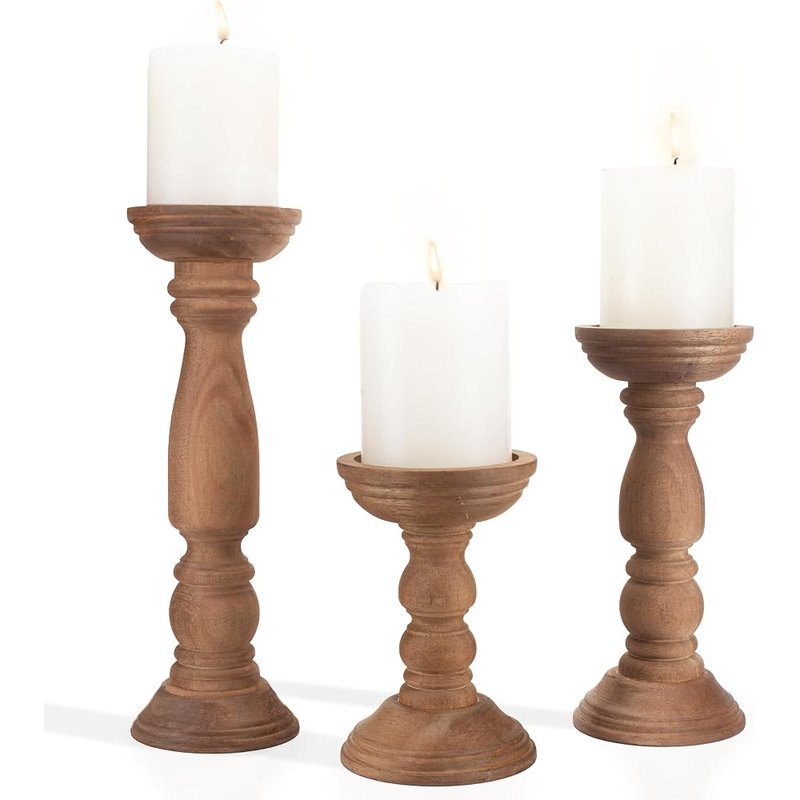 Wood pillar candle holders, set of 3