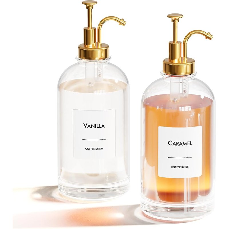 Glass syrup bottles with gold pumps, set of 2