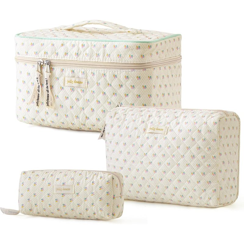 Quilted cotton makeup bags, set of 3