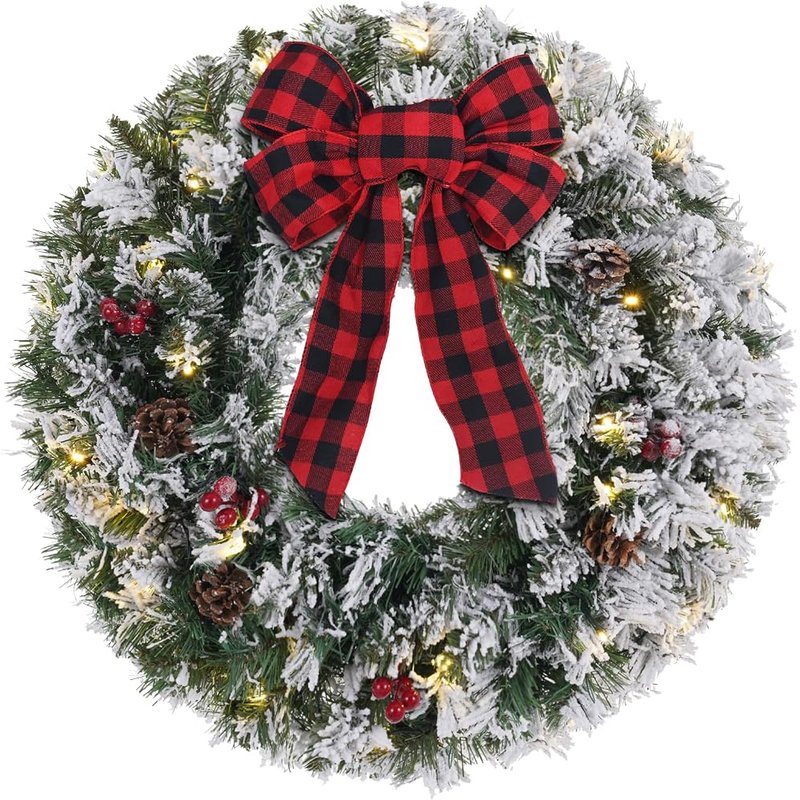 DECSPAS pre-lit snowy flocked wreath, 24 inch