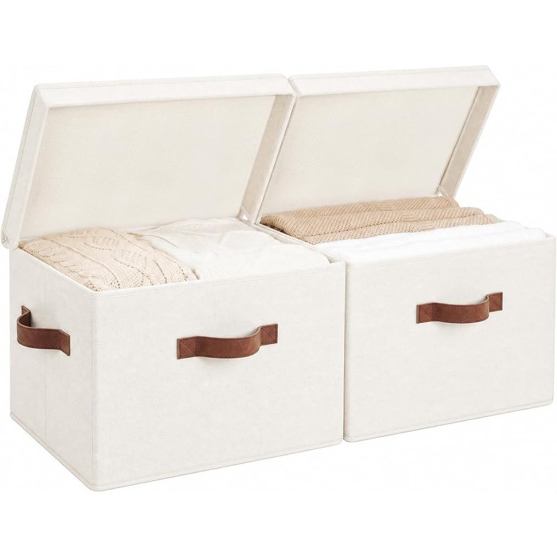 Lidded fabric bins with leather handles