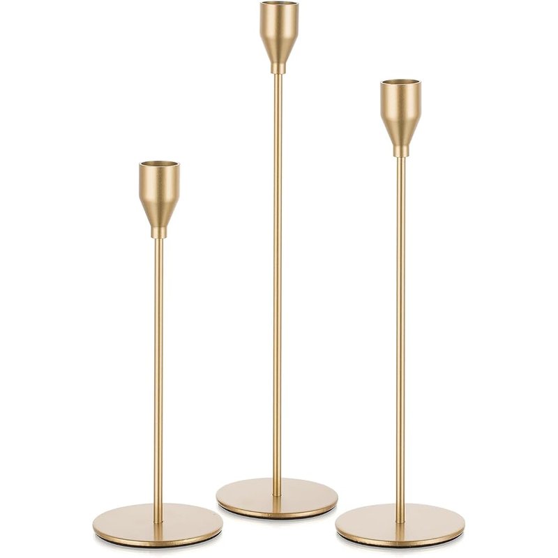 Gold taper candle holders, set of 3