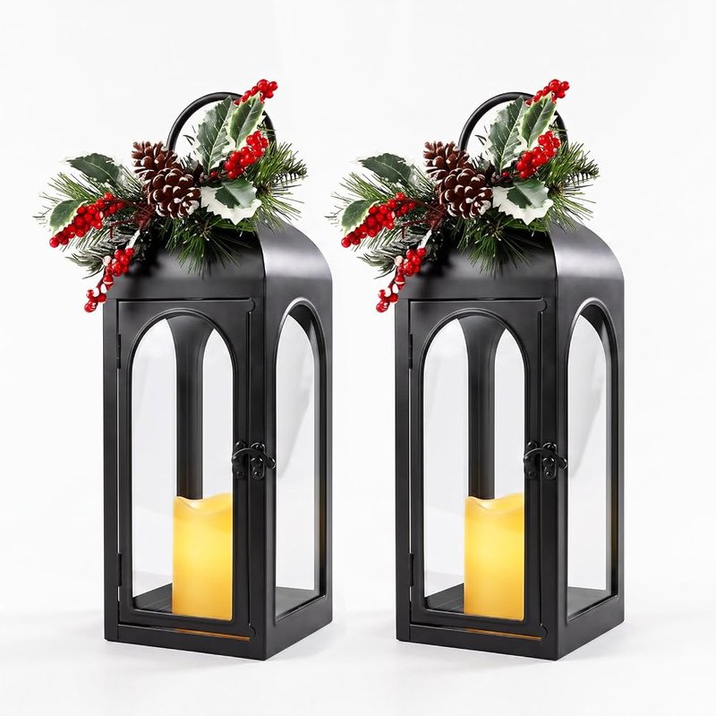 Bdor black metal Christmas lanterns with timer, set of 2