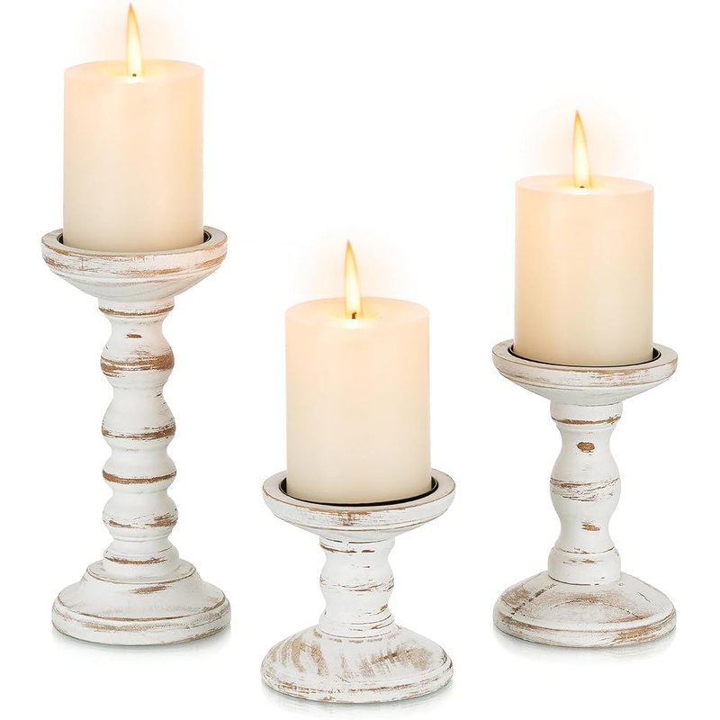 White wood pillar candle holders