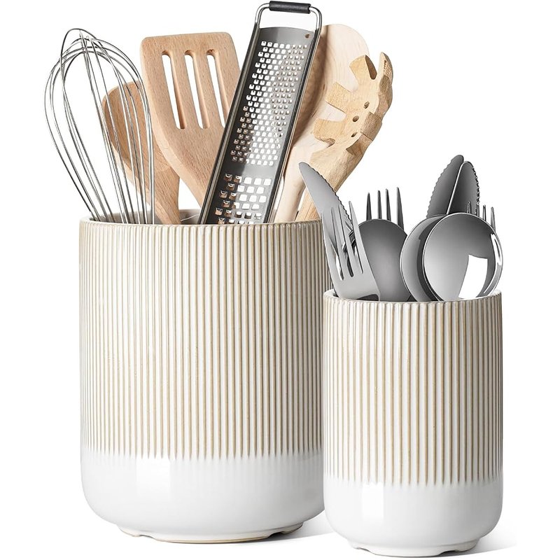 Ribbed ceramic utensil holders, set of 2