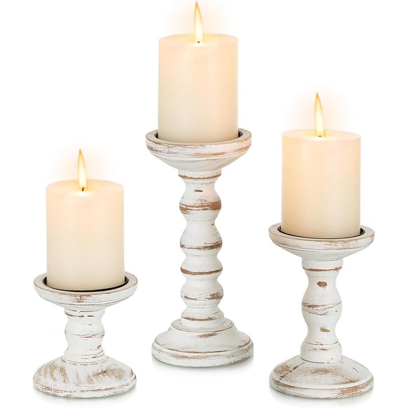 Whitewashed wood candle holders, set of 3