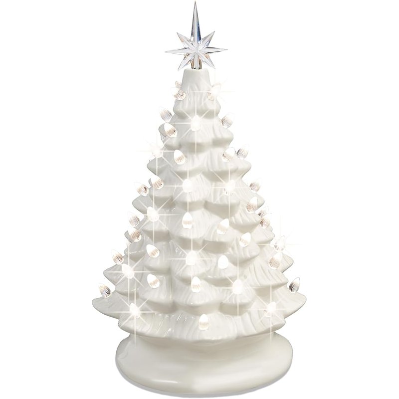 White ceramic Christmas tree, pre-lit