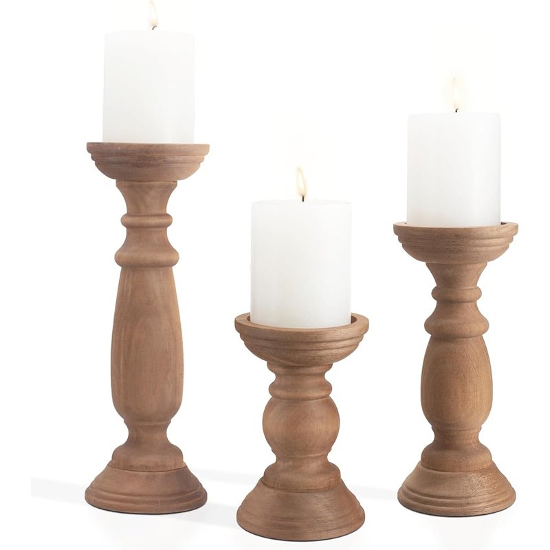 Rustic wooden pillar candle holders, set of 3
