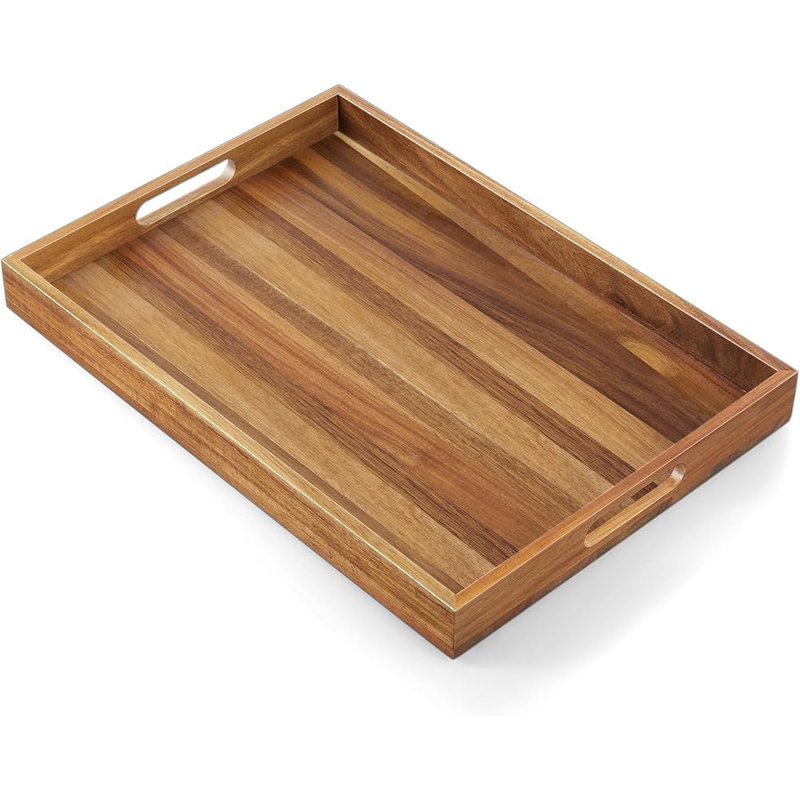 Acacia wood serving tray with handles, 17 inch