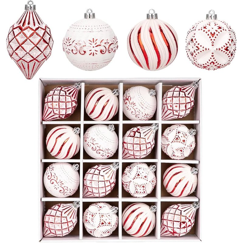 Hand-painted red and white ornaments, 16 pack