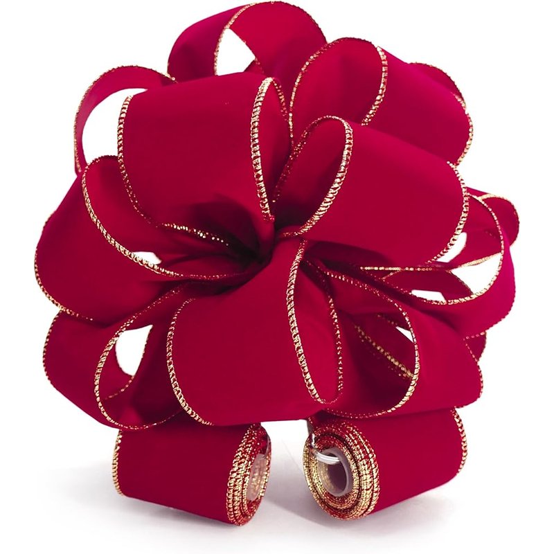 Red velvet tree topper bow with gold edge