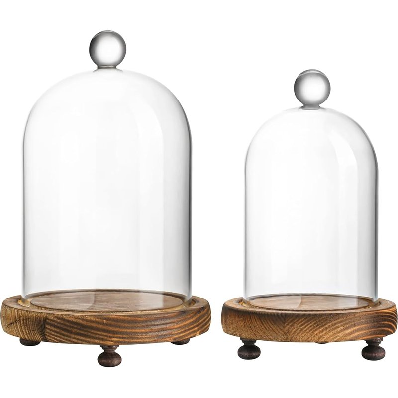ZEERSHEE glass cloche domes with wood base, set of 2