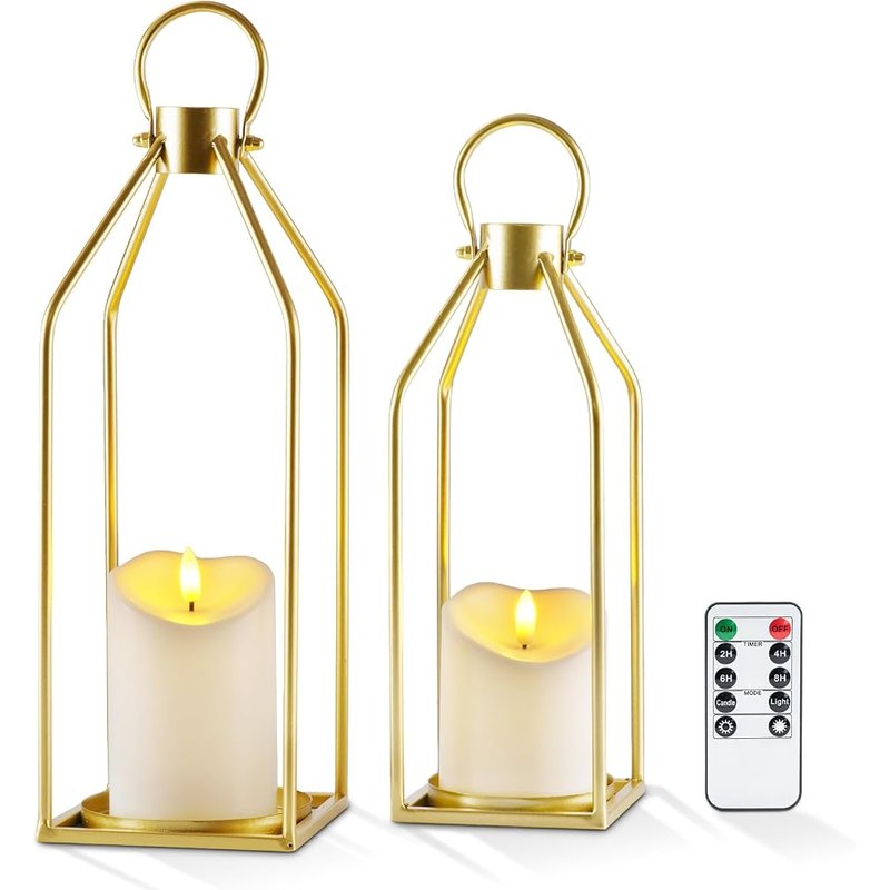 Homemory gold metal lanterns with flameless candles, set of 2