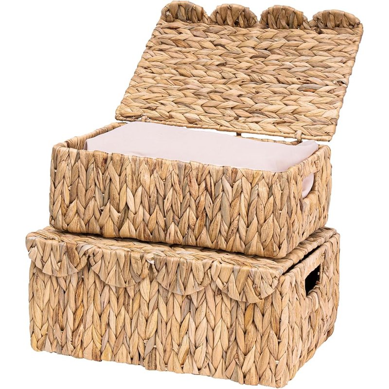 Scalloped wicker storage baskets with lids, set of 2