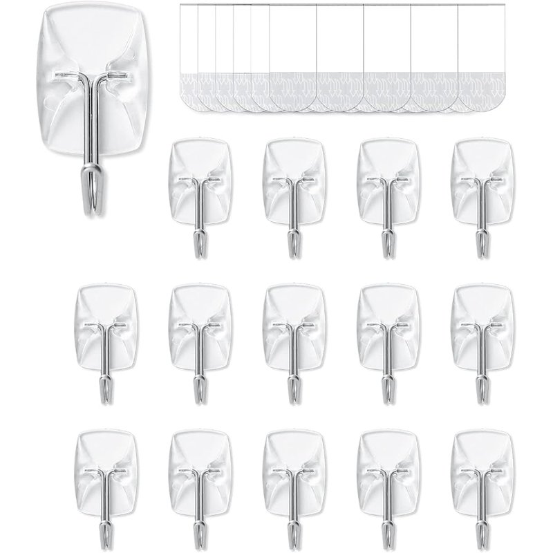 Clear adhesive wall hooks, 15 pack