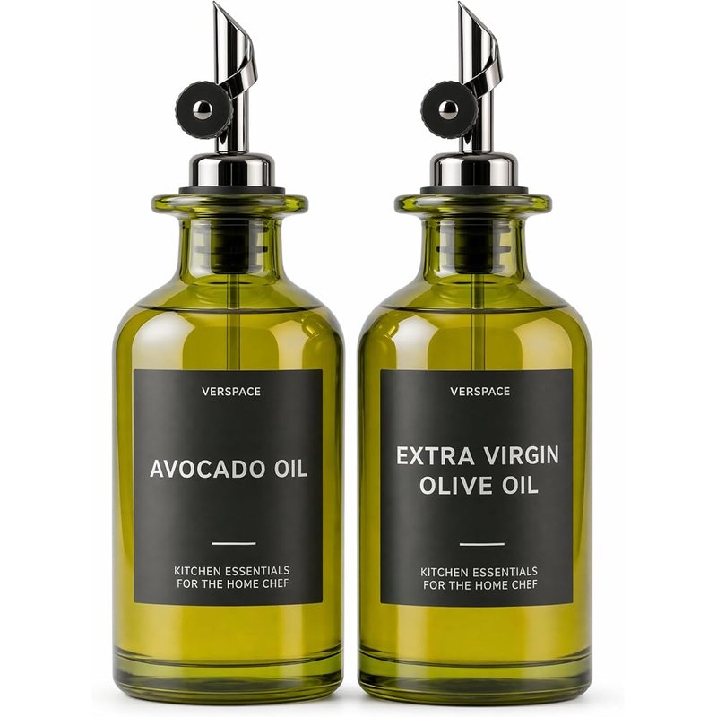 Green glass oil bottles, 2 pack