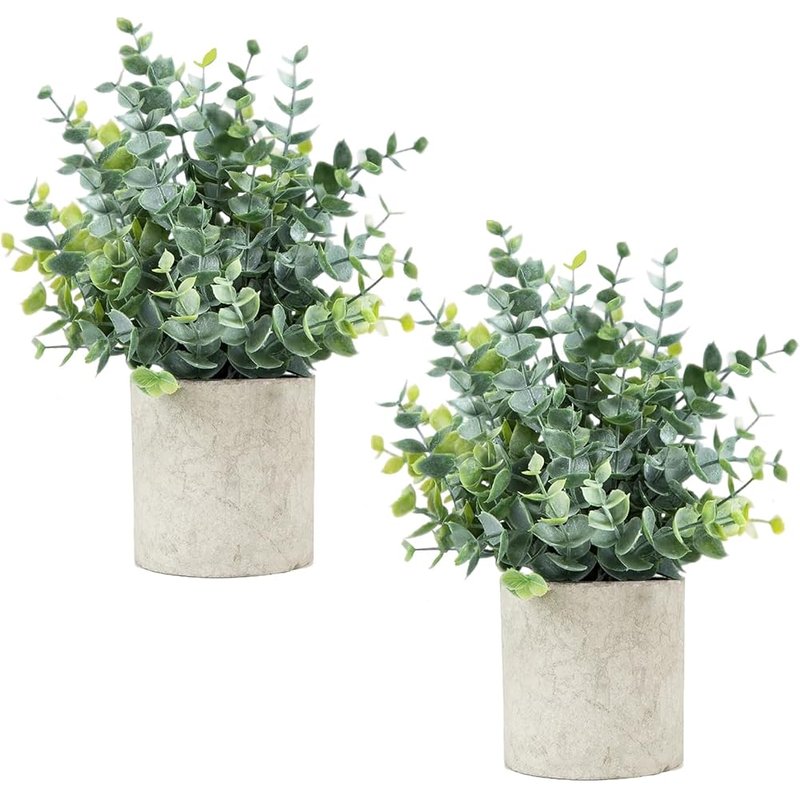 Small faux eucalyptus in cement pots, set of 2