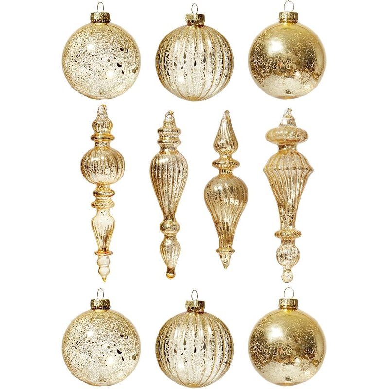 Gold mercury glass ornaments, teardrops and balls