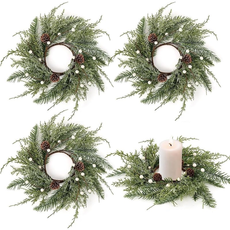 Mini pine candle ring wreaths, 4 pieces