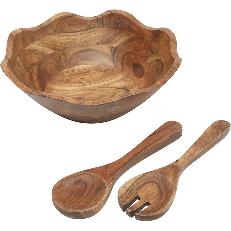 Gibson Home scalloped acacia salad bowl set
