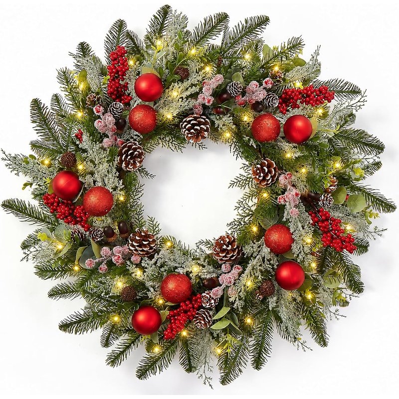 Pine Christmas wreath with red balls, 24 inch