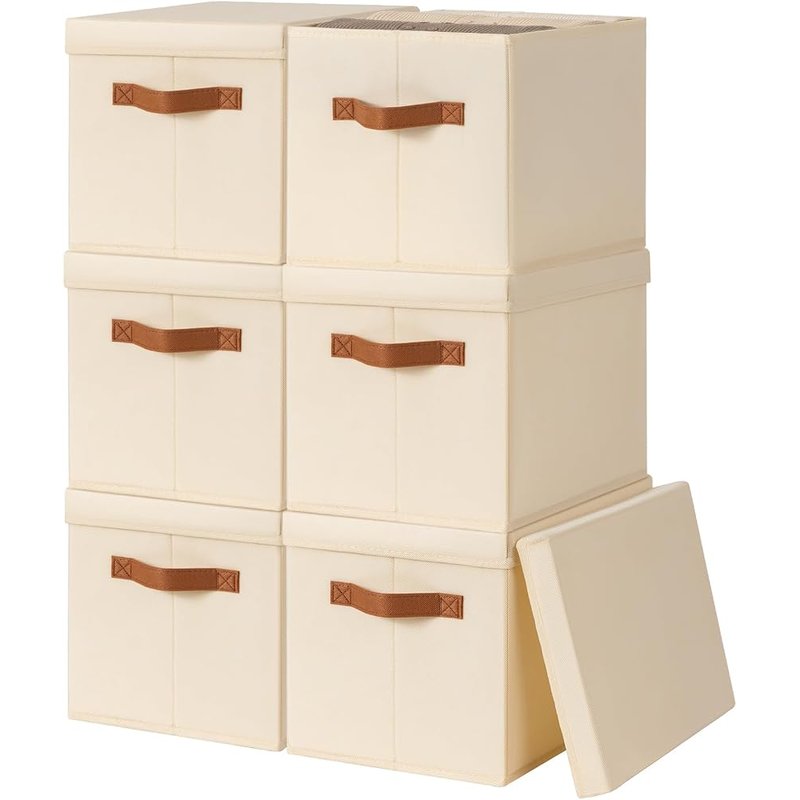 Cream fabric storage bins with lids, 6 pack