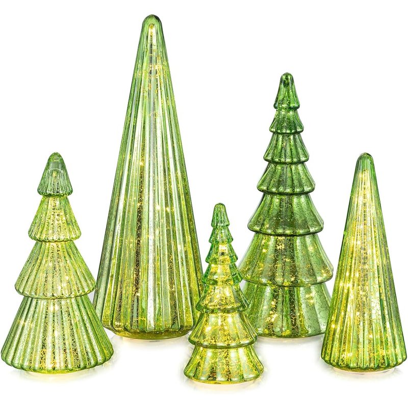 Glasseam green glass Christmas trees, set of 5
