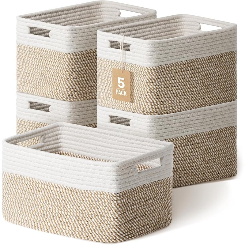 Woven cotton rope baskets, set of 5