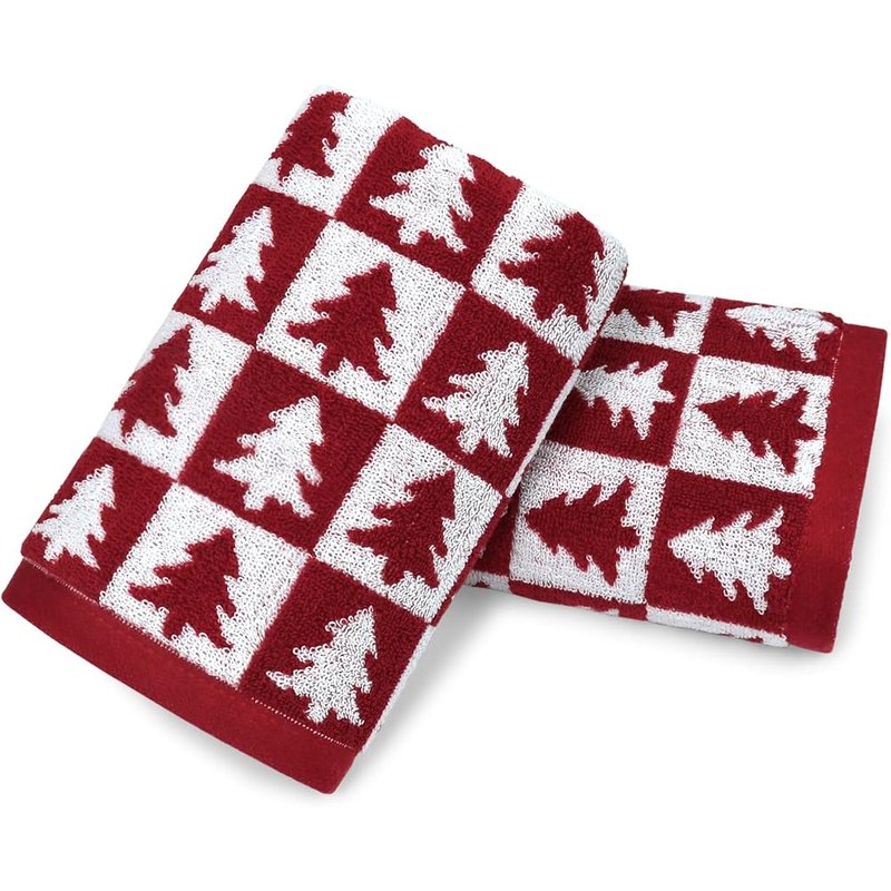 Red checkered tree hand towels, 2 pack