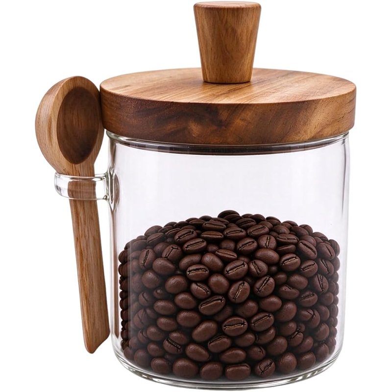 Glass coffee bean jar with acacia lid and scoop