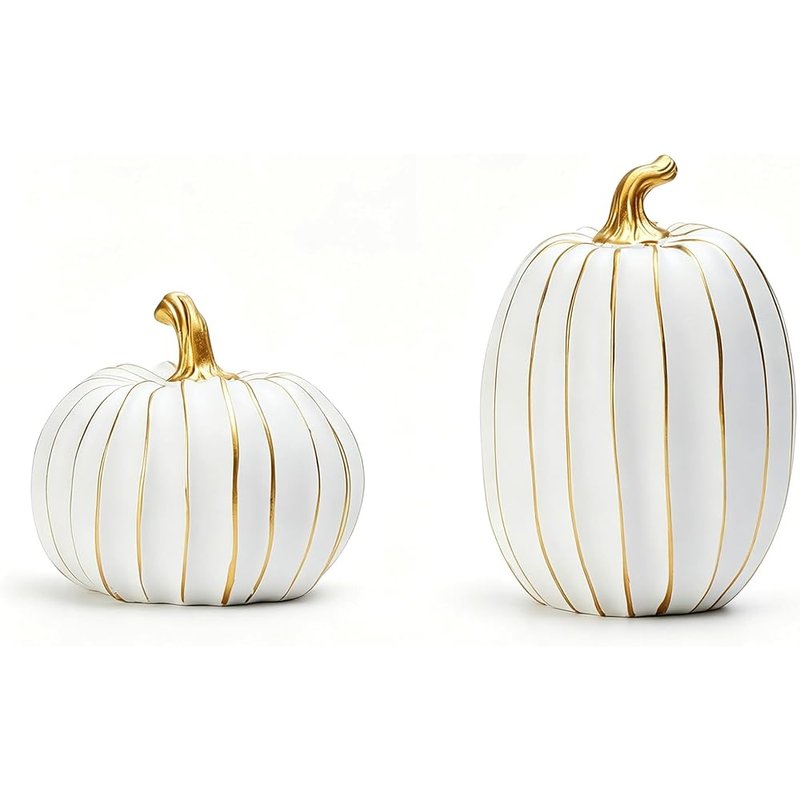 White and gold stripe pumpkins, set of 2