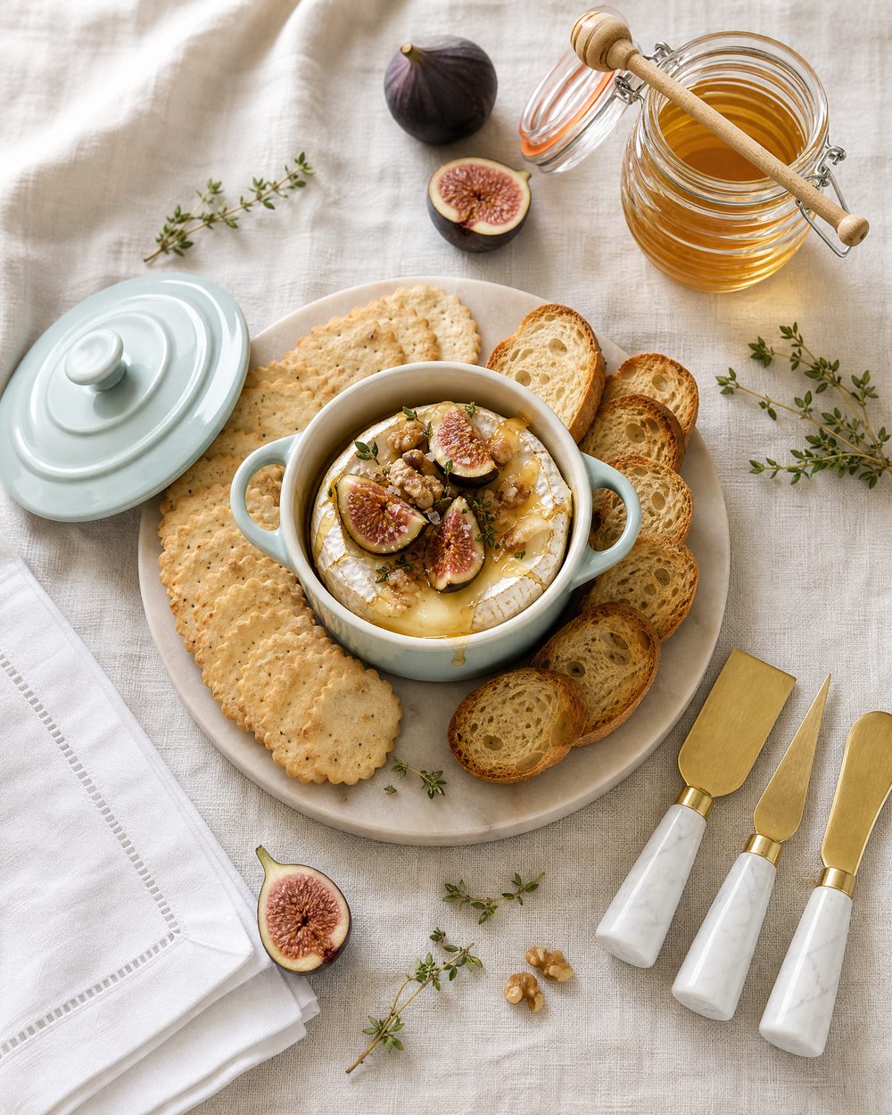 Overhead view of baked brie with figs and honey in a pale blue-green mini cocotte on a white marble board, surrounded by crackers, toasted baguette slices, a glass honey pot, gold cheese knives and a linen napkin