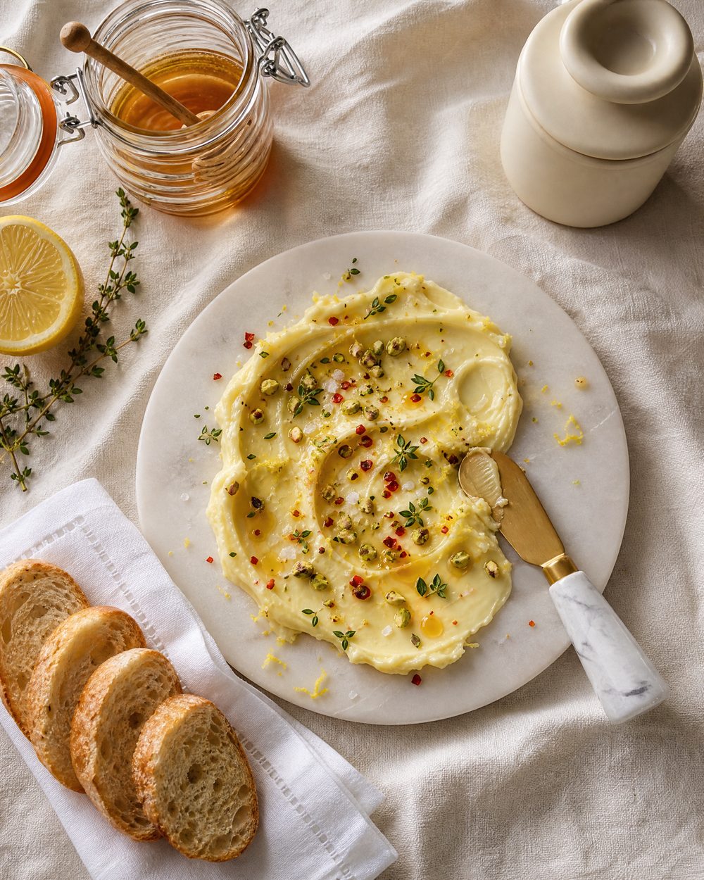 Overhead view of a butter board on a round white marble board with honey, lemon zest, pistachios, thyme and chili flakes, toasted baguette slices on a linen napkin, a glass honey pot and an ivory butter crock