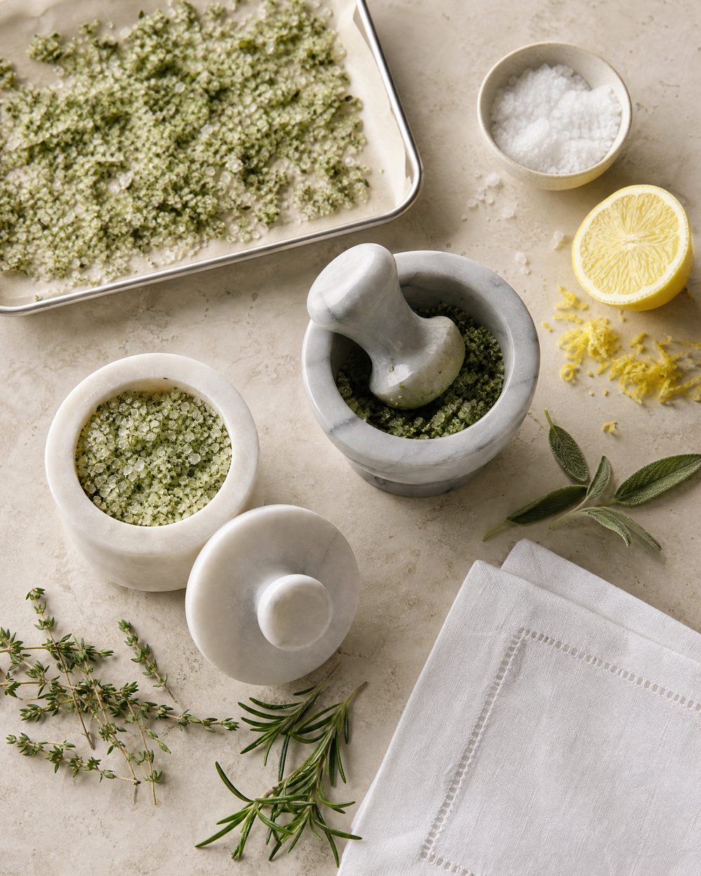 Overhead view of herb salt being made: green herb salt drying on a parchment-lined tray, a marble mortar with herbs pounded into coarse salt, a marble salt cellar filled with herb salt, a bowl of kosher salt, lemon zest and fresh herbs