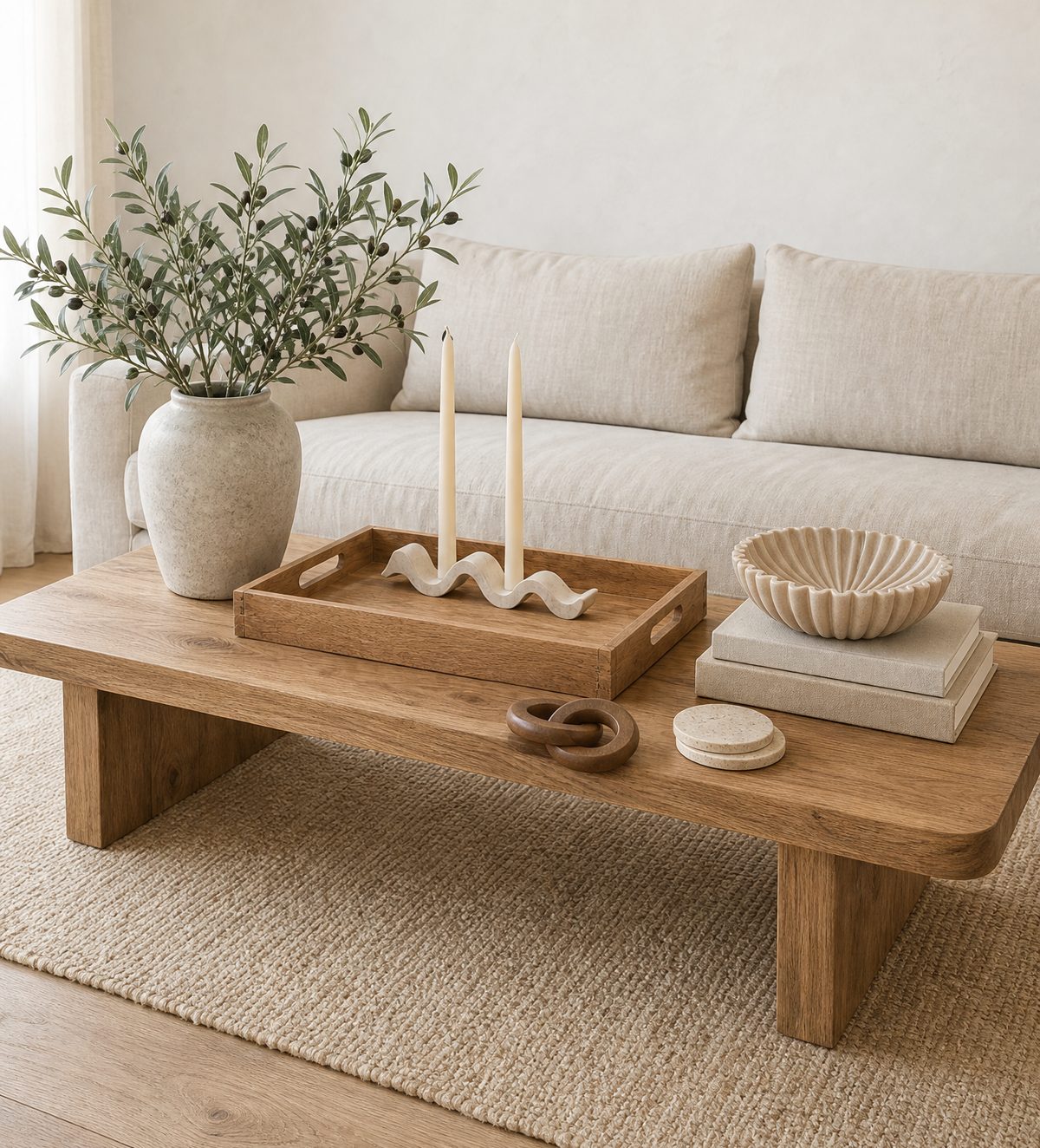 A white oak coffee table in front of a cream linen sofa, styled with an acacia wood tray holding a white wave candle holder with ivory tapers and a wood chain link, a rustic cream vase of olive branches, a fluted bowl on two linen books and travertine coasters.