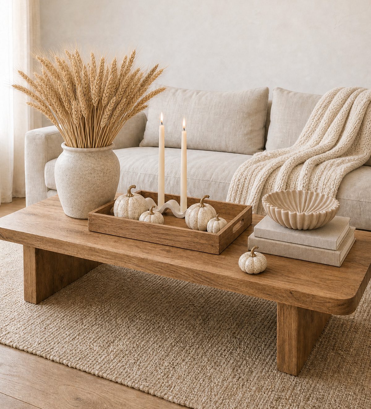 The same coffee table styled for fall with dried wheat in the cream vase, cream pumpkins on the wood tray, lit ivory tapers and a cable knit throw on the sofa arm.