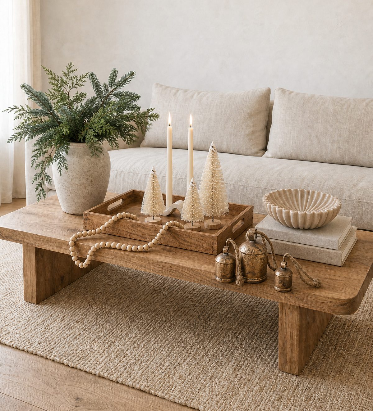 The same coffee table styled for Christmas with pine stems in the cream vase, cream bottle brush trees on the wood tray, a wood bead garland, brass bells and lit ivory tapers.
