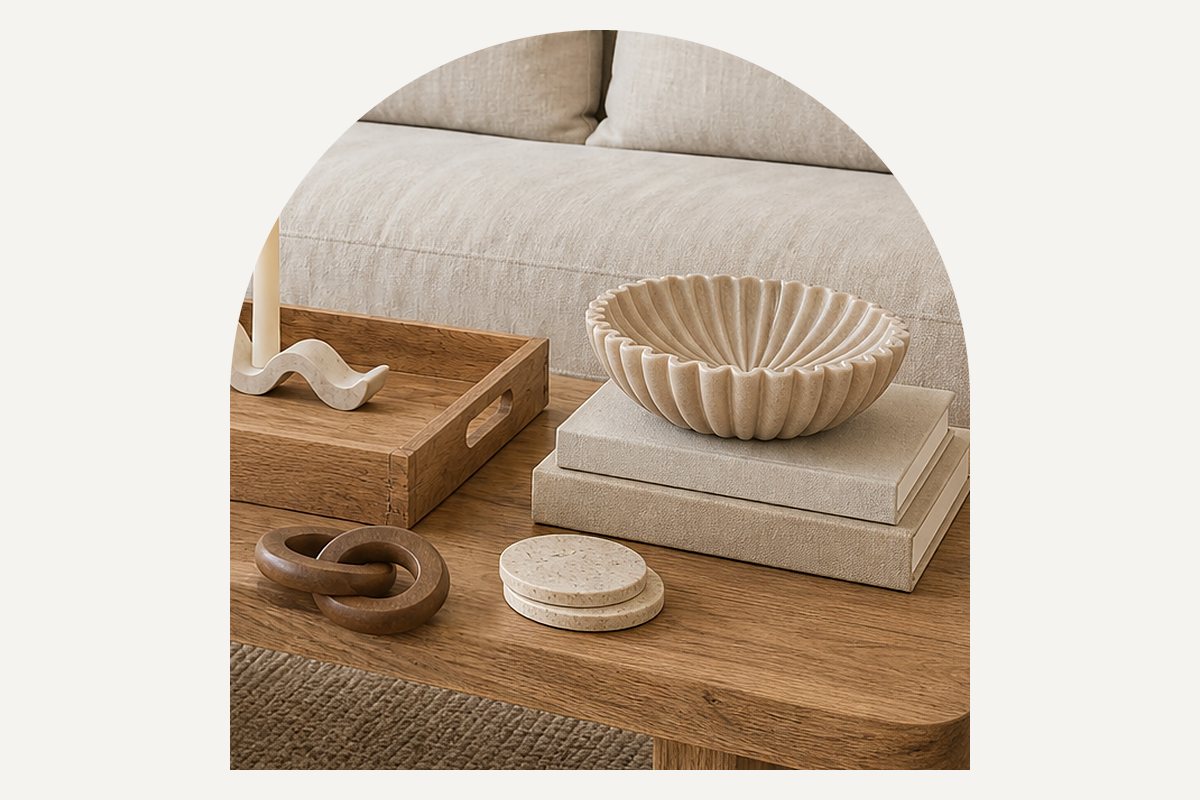 Close-up of the fluted bowl on a stack of books with a carved wood chain link and travertine coasters on the tabletop